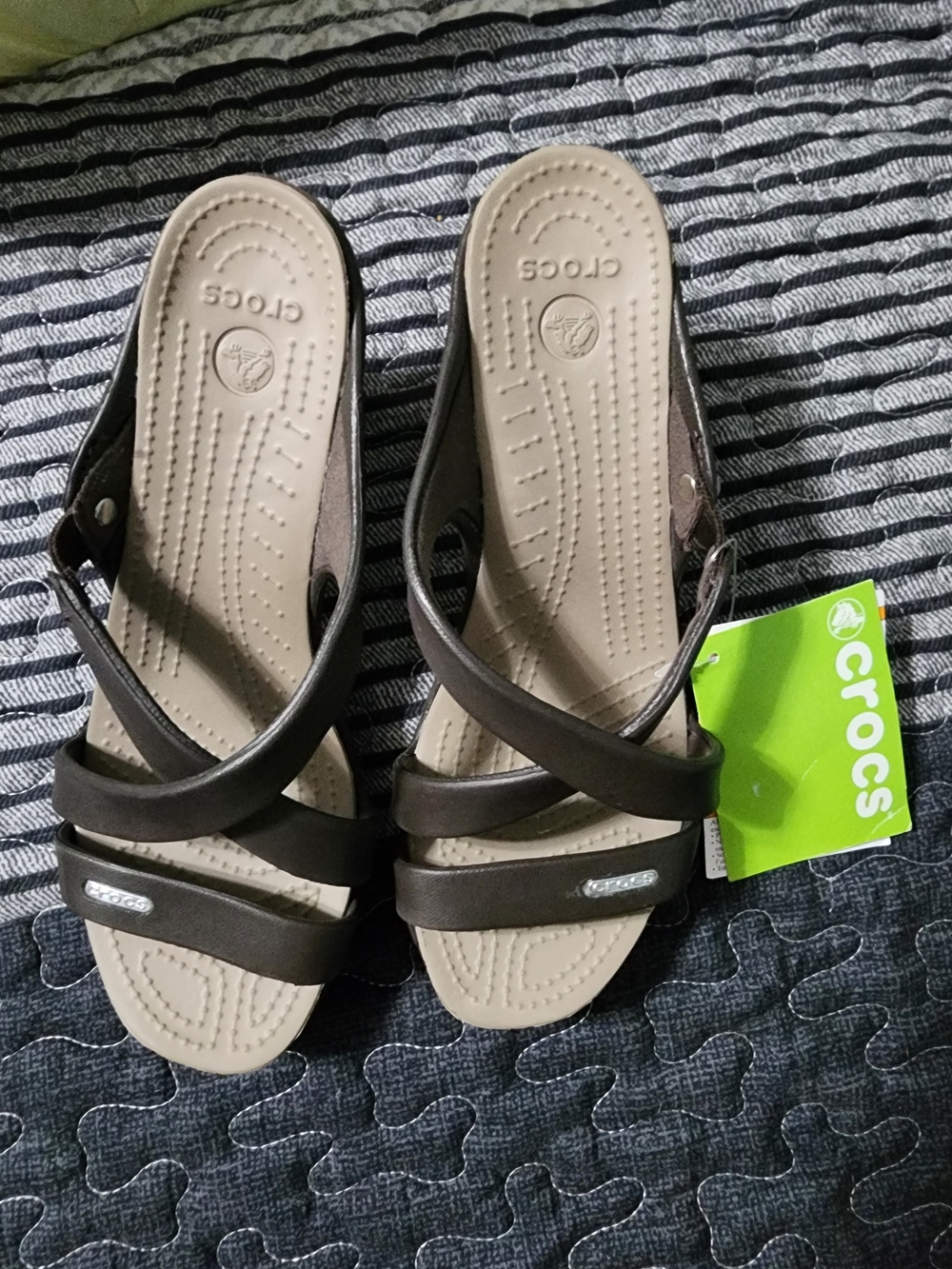 CROCS Brown and Beige Cross-Strap Slide Sandals